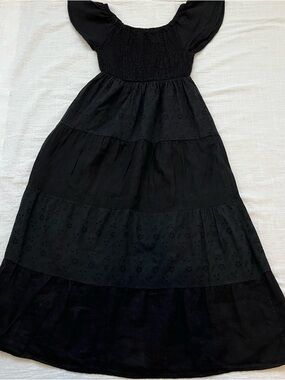 Valentina Naldi 100% Linen Black Smocked Bodice Tiered Maxi Dress